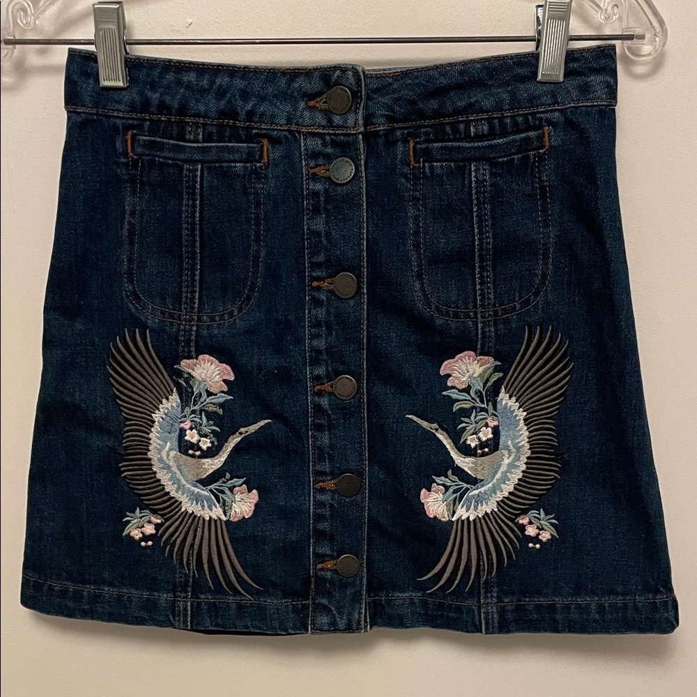 Topshop Dark Blue Denim Button-Front Skirt with Embroidered Cranes